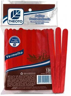 Palito Madeira Picole Vermelho - Pct/100